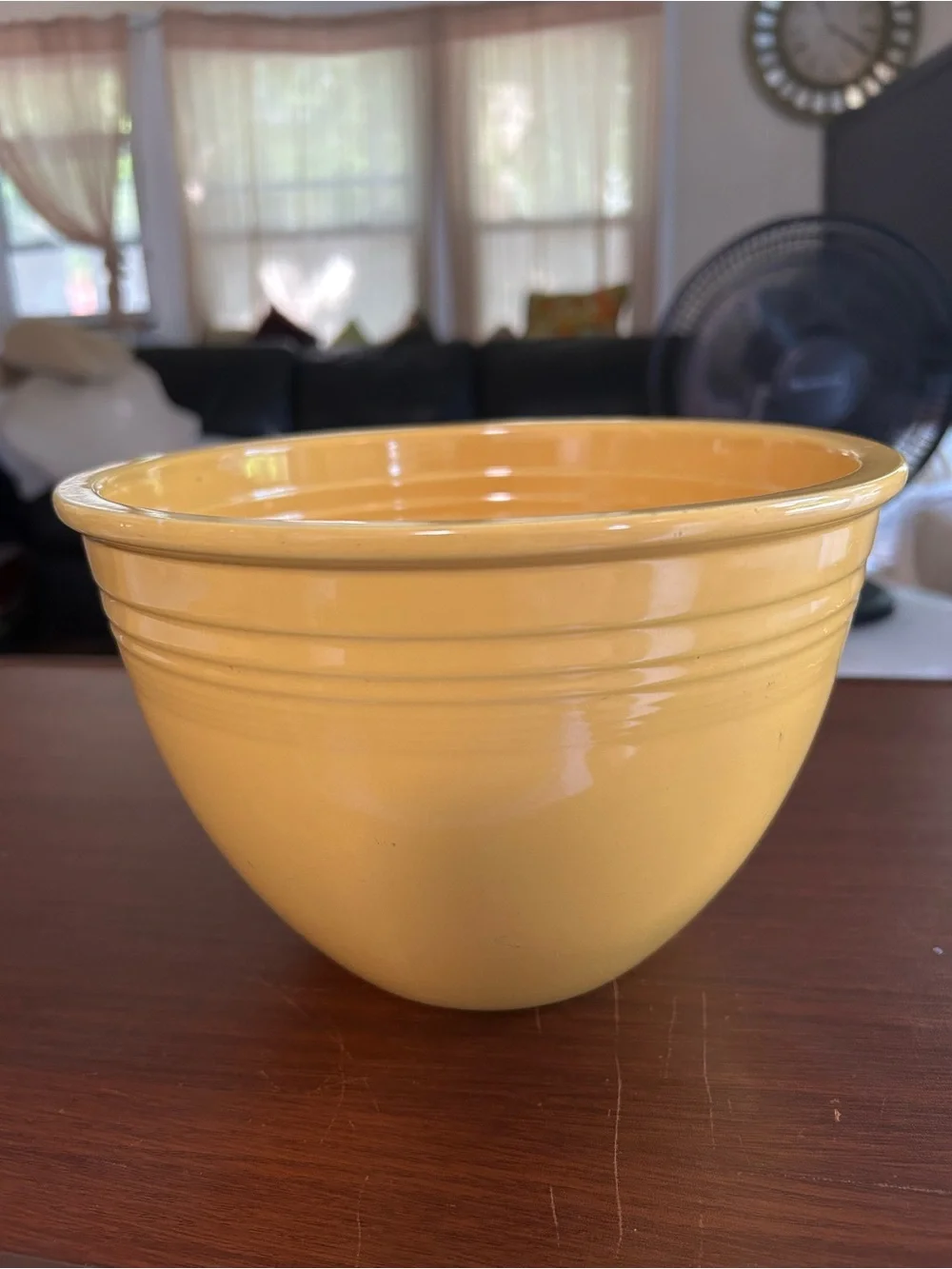 Vintage fiestaware yellow mixing bowl two chips on the rim, 8 3/4”wide x 6 1/2”
